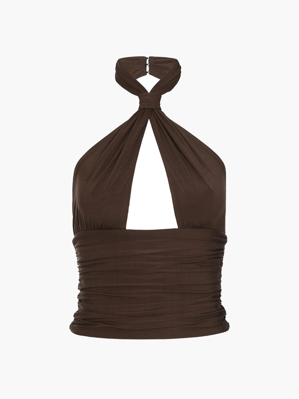 NWT MIMCHIK Piper Knotted Halter Top in Chocolate Cocoa Mesh Ruched Crop Keyhole
